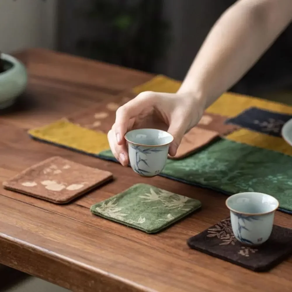 Tea Cup Holder Mats Vintage Watered Gauze Square Coasters Tie-dye Burn Flowers Non-slip Heat Insulation Placemats for Coffee Cup