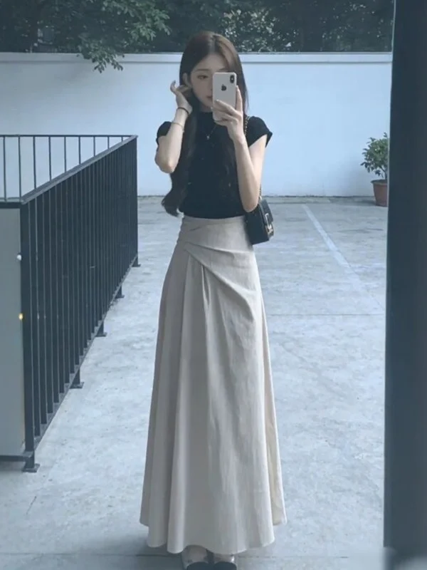 

Hebe Style High Waist Black Top Skirt Two-Piece Set Women's Summer New Elegant Slimming Ensemble Fashionable Outfit