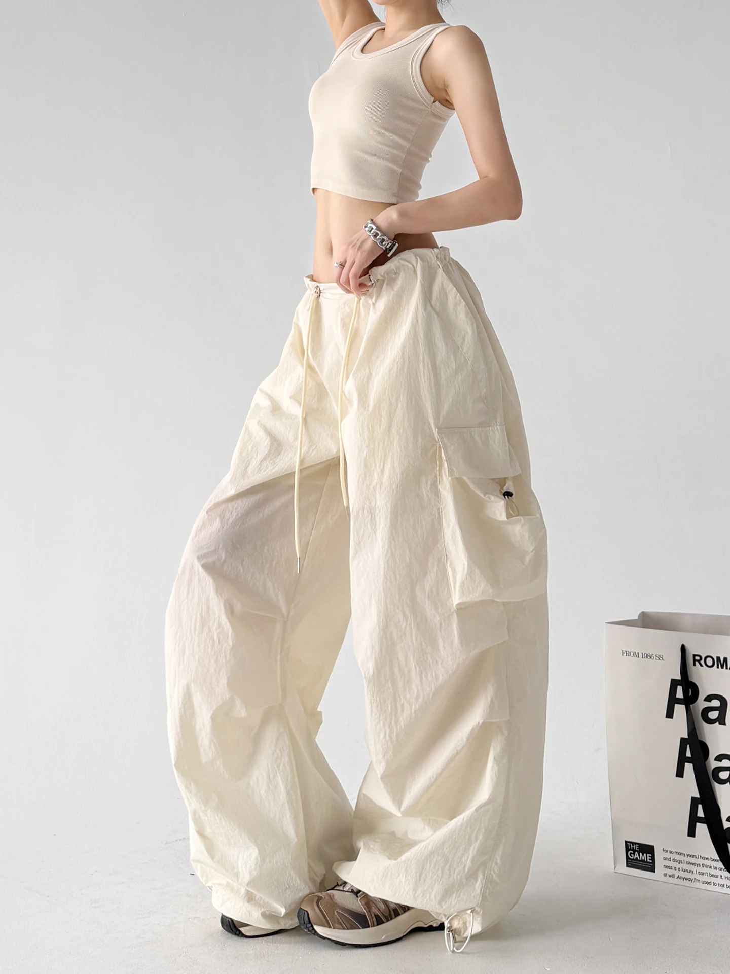 Tall Women's American Workwear Parachute Pants Summer New Sun Protection Cuffed Wide Leg Casual Pants White Commute Style