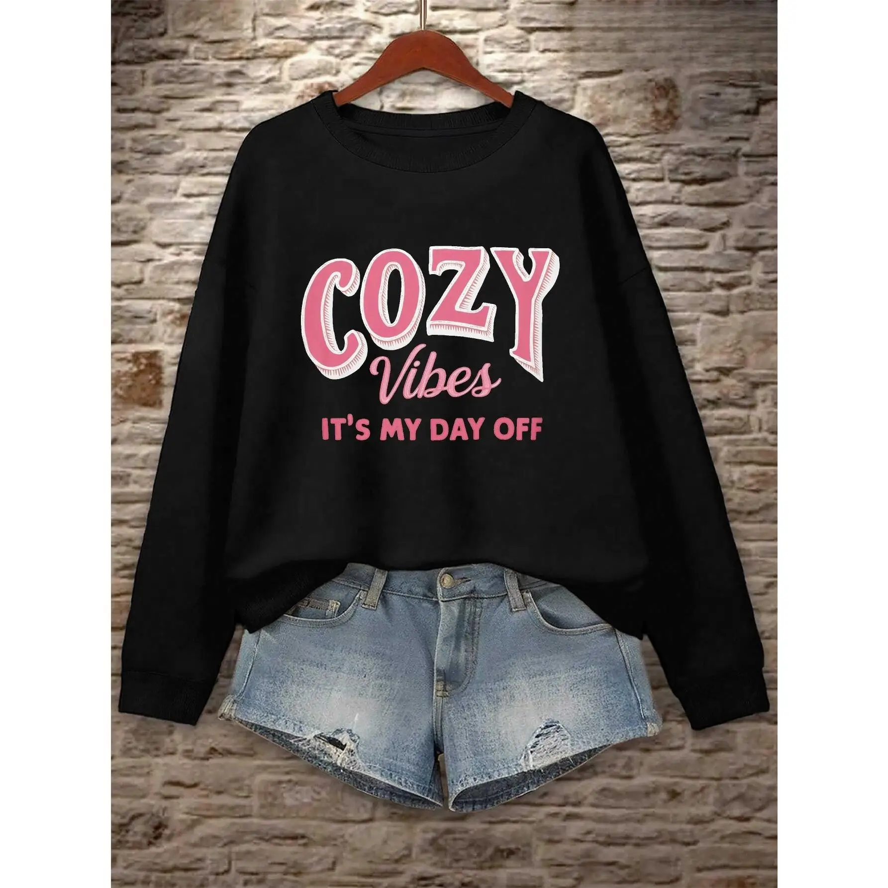 

Cozy Vibes Day Off Sweatshirt, Women's Oversized Casual Loungewear Top, Trendy Aesthetic Crewneck Pullover