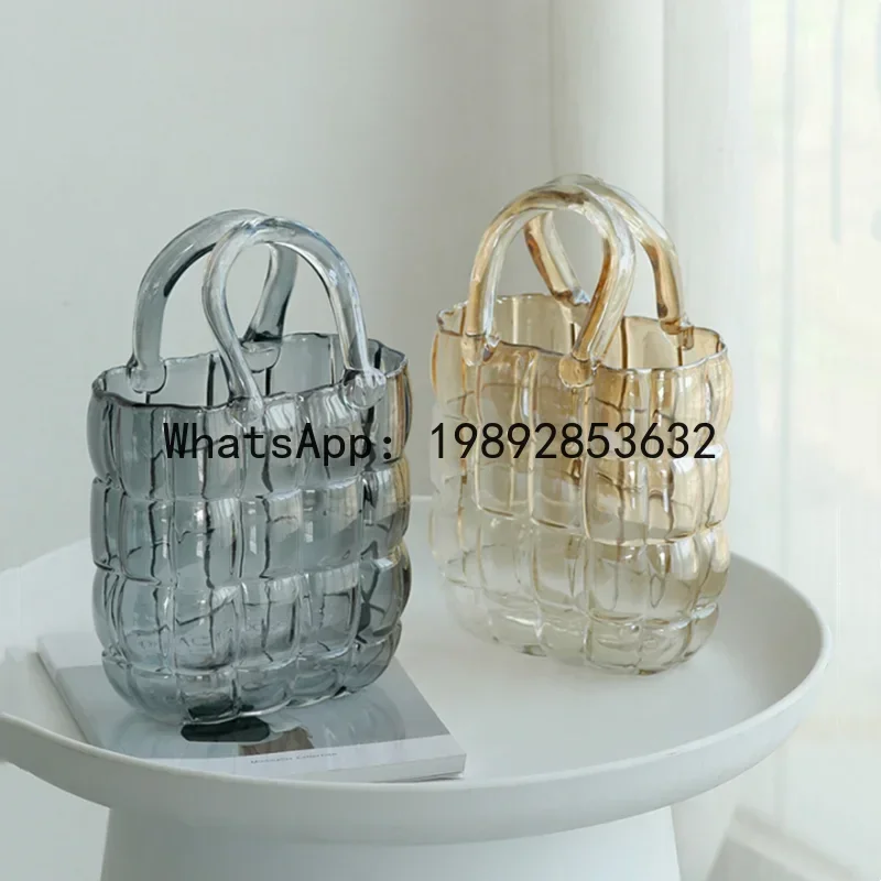 

Clear Glass Vase Bag Handbag Basket Transparent Terrarium Flower Vase Floral Arrangement Accessories Living Room Decoration