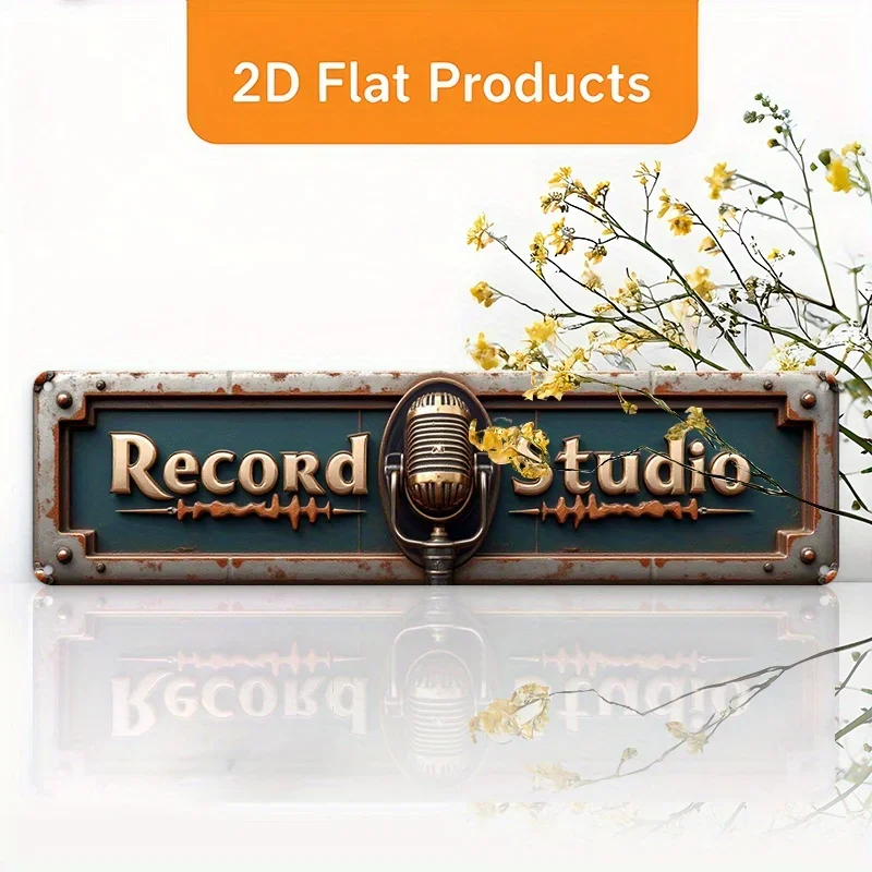 2D Flat, 'RECORDING STUDIO' Vintage Metal Wall Sign - Rustic Aluminum Decor with Rotary Record Player Design, Easy Install for H