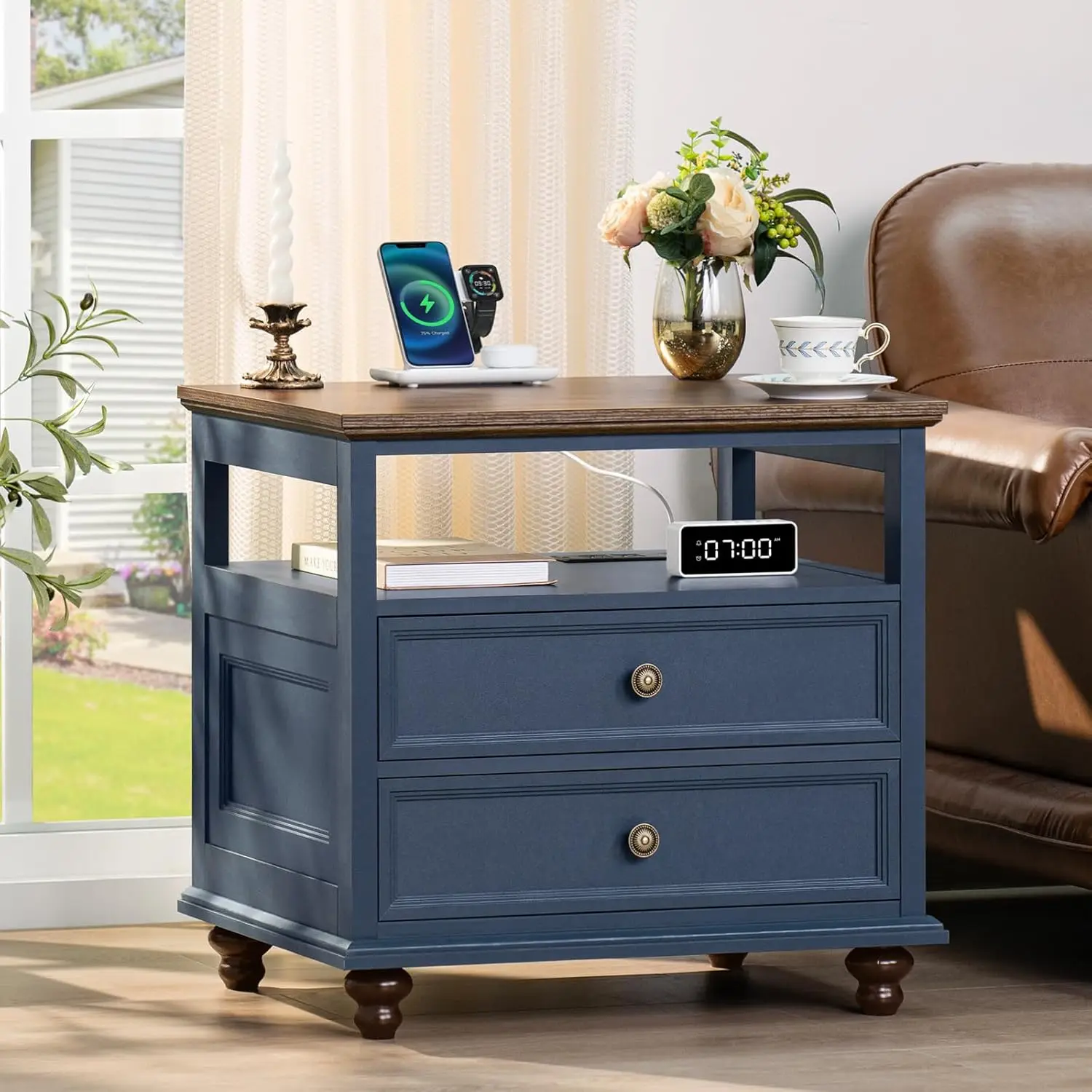 

Farmhouse Nightstand with Charging Station, 24" Wide End Table with 2 Drawers, Blue Dresser for Bedroom, Bed Side, Customized