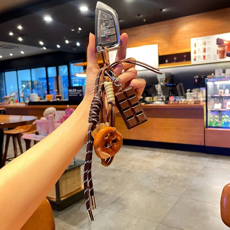 Delicate Bowknot Woven Rope Keychain Chocolate Anti-lost Bread Keychain Polyester Bagel Bag Decoration Woven