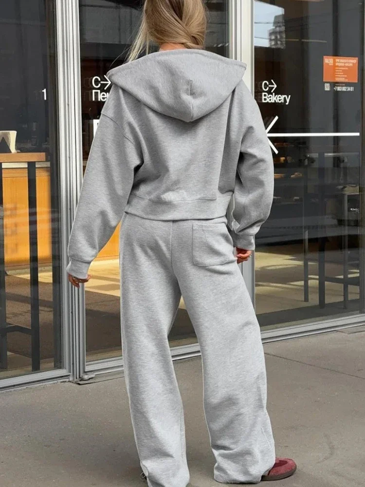 Autumn Casual Solid Long Pants 2 Piece-Set Female Loose Hooded Top And Wide-Leg Pants Fashion Clothes Women's Pants Sets