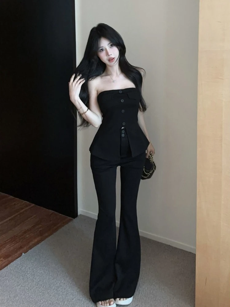 

Summer New American Sexy One Shoulder Slit Tube Top Hot Girl Slimming Bell Bottom Pants Fashion Set Women's Clothing