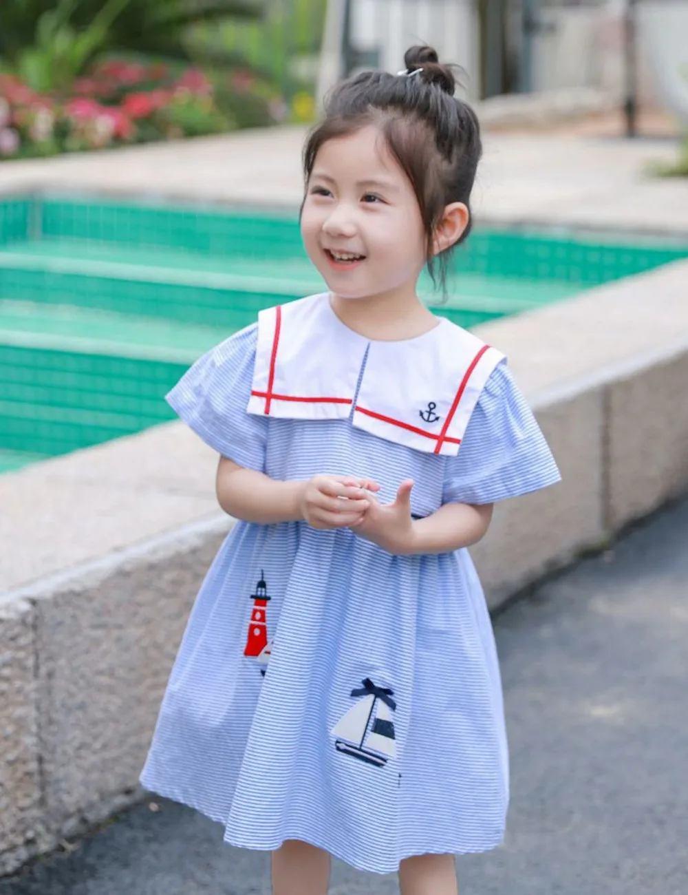 summer kids girl clothes baby dresses cotton Navy style girls' dress big collar Sweet blue summer dress
