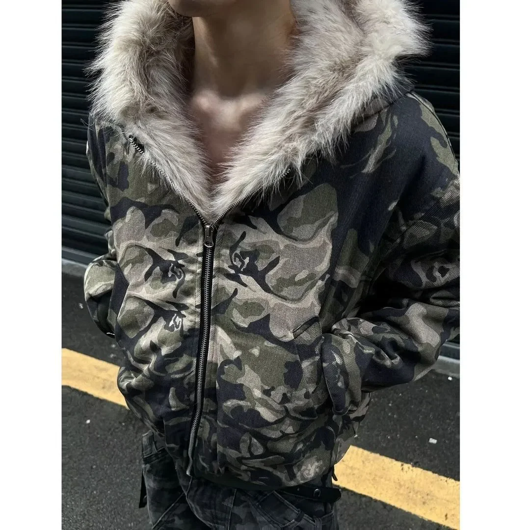 

Winter Coat 2025 Warm Loose Fleece Jacket Trendy Mens Youth Trend Camouflage Fur Collar Hooded Anti Cold Winter Thick Coat