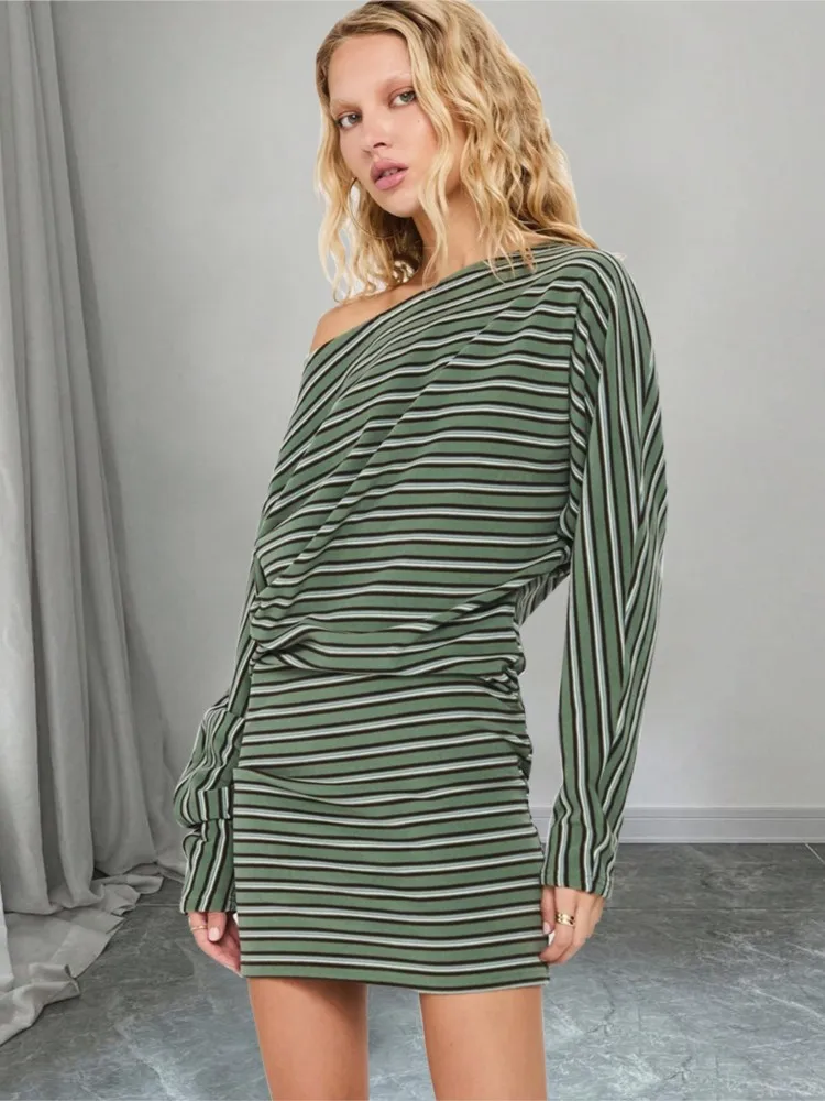 

Dresses 2025 Woman New Autumn Fashion Stretch Vestidos Striped Shoulder Hip Dress Simple Style Long Sleeves Off Shoulder Trendy