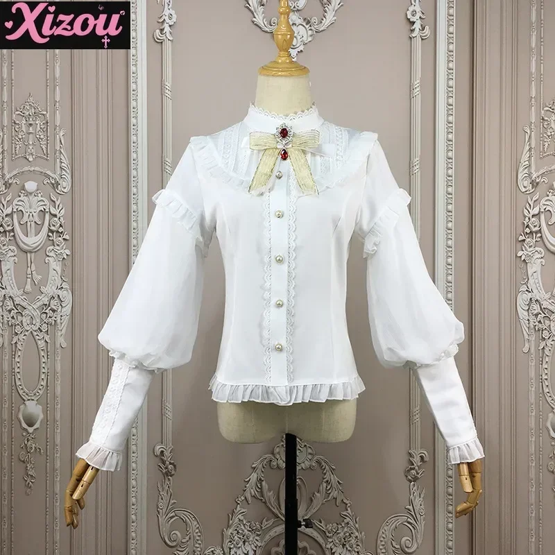 

Autumn Stand-up Collar Lolita Dress Shirt Women's Lace Long-sleeved Inner with Lamb Leg Sleeves Chiffon Shirt Piled Thickened