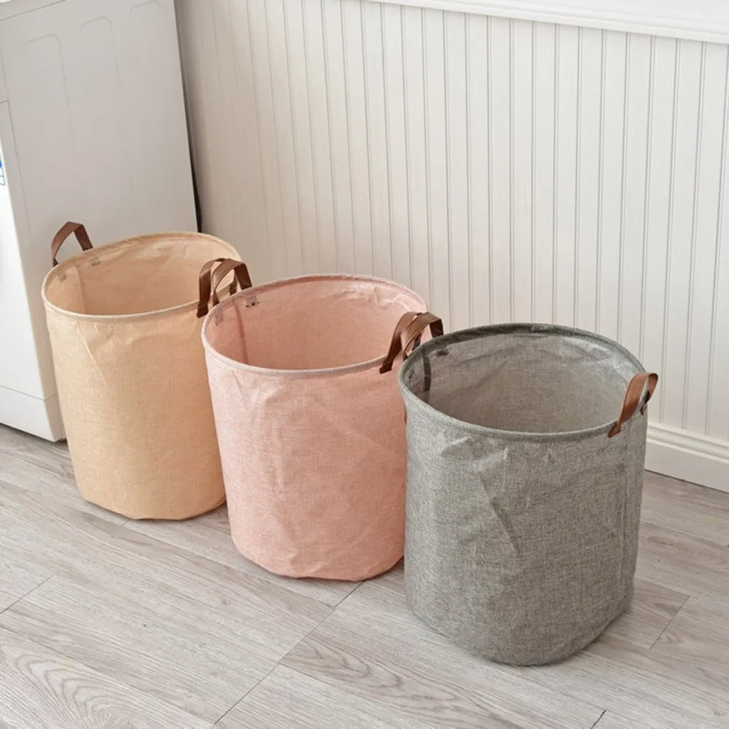 Laundry Basket Cotton Linen Waterproof Pe Coating Folding Storage Box Large Miscellaneous Toys Storage Bag With Handles 34x45cm