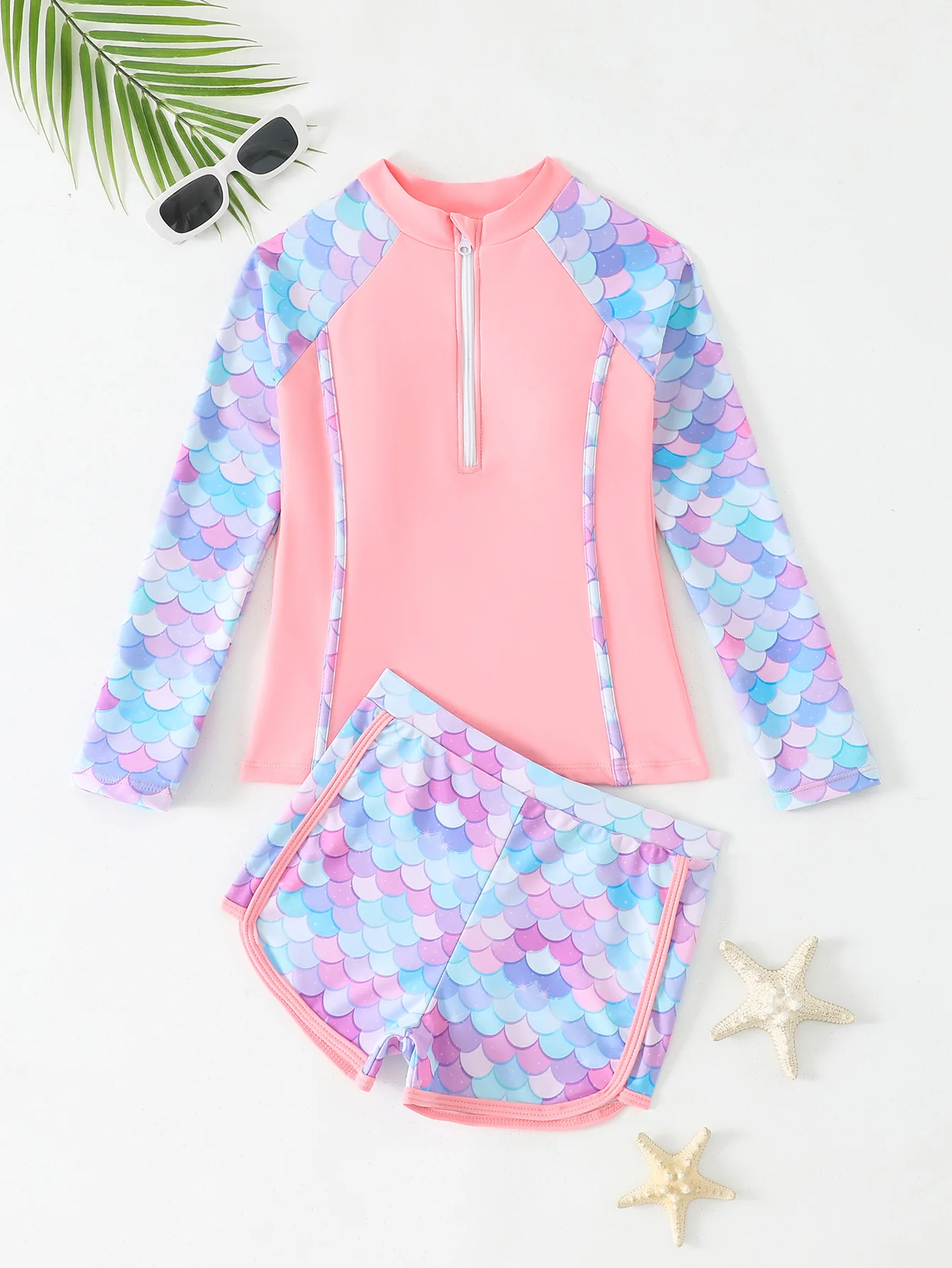 

Girls Swimsuit 2025 Pink Long Sleeve Rash Guard Shirts Children Swimwear Summer Kids Beach Wear Shorts Quick-Dry Bathing Suit