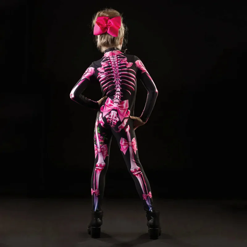Adult Kids Halloween Skeleton Cosplay Jumpsuit Pink Rose Woman Sexy Skull Scary Costume Girls 3D Print Bodysuit Mother Daughter