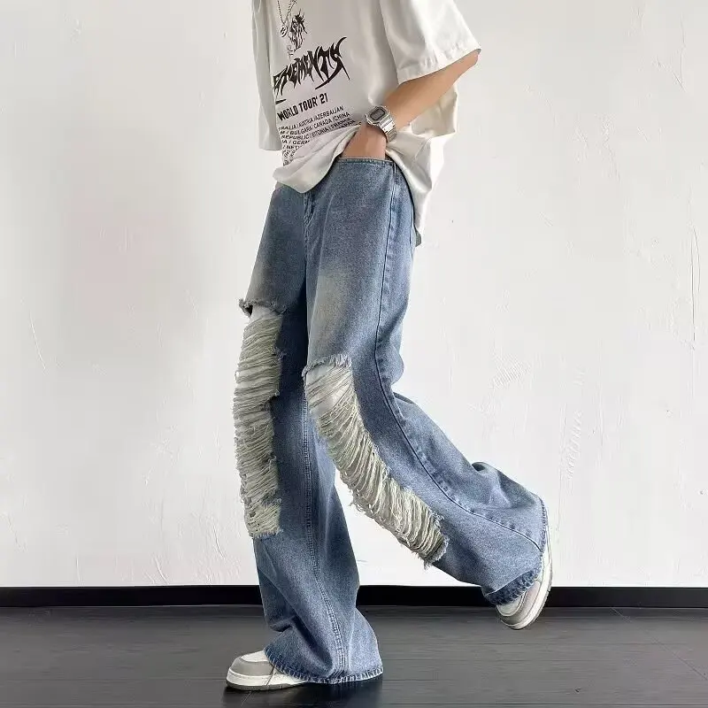 

American Sle Men's Loose Fit Jeans High Street Design Hole Punching Floor Length Casual Straight Leg Pants Autumn Winter