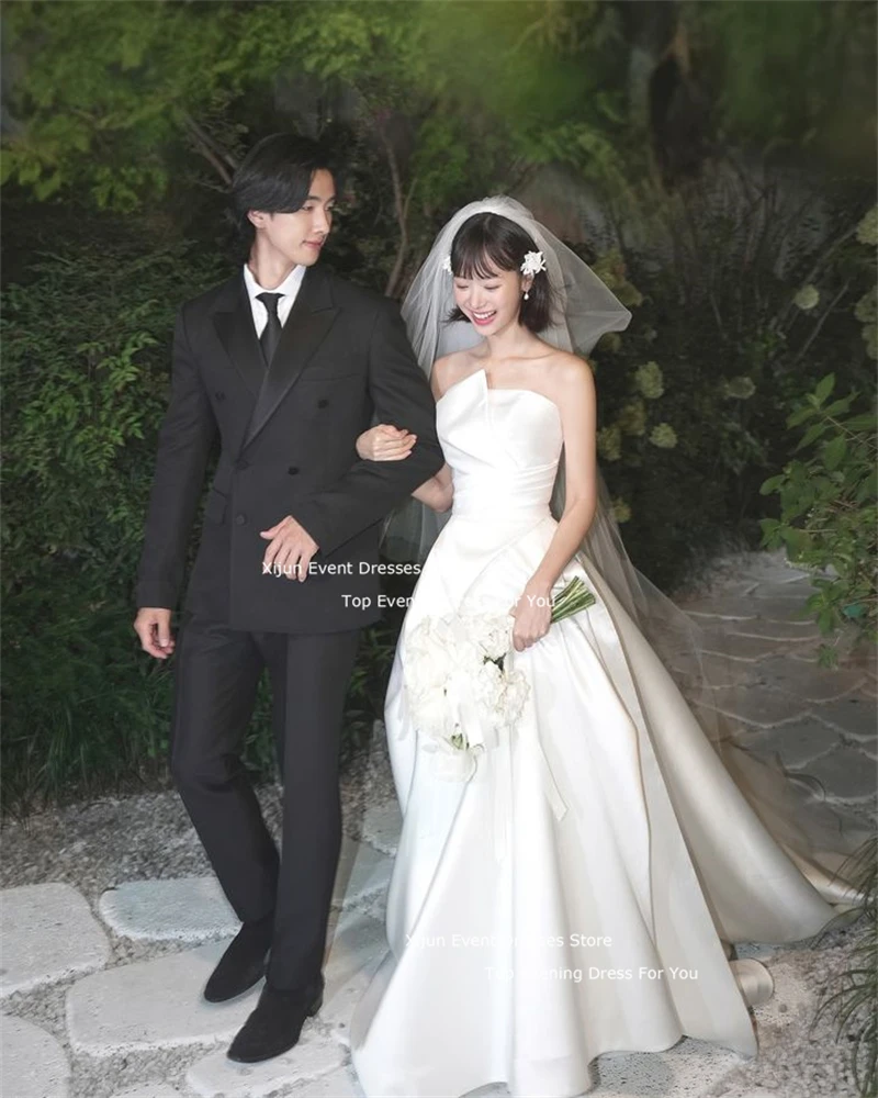 Xijun Princess Ivory Satin Wedding Dresses A-Line Korean Photo Shoot Long Prom Dresses Sleeveless Wedding Party Dress Customized image 3
