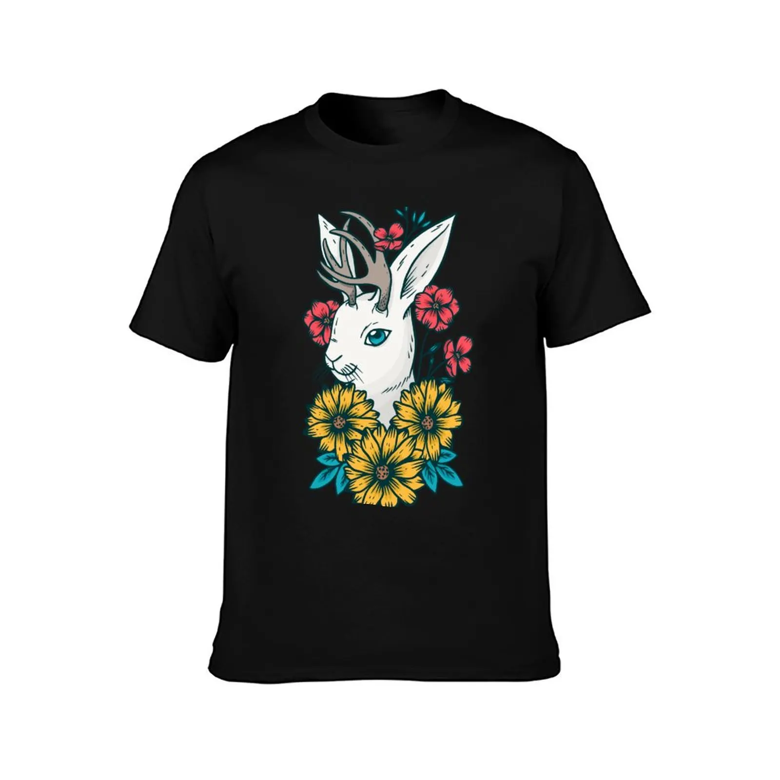 Jackalope Cryptid with Flowers T-Shirt man t shirts high quality luxury brand T-Shirt