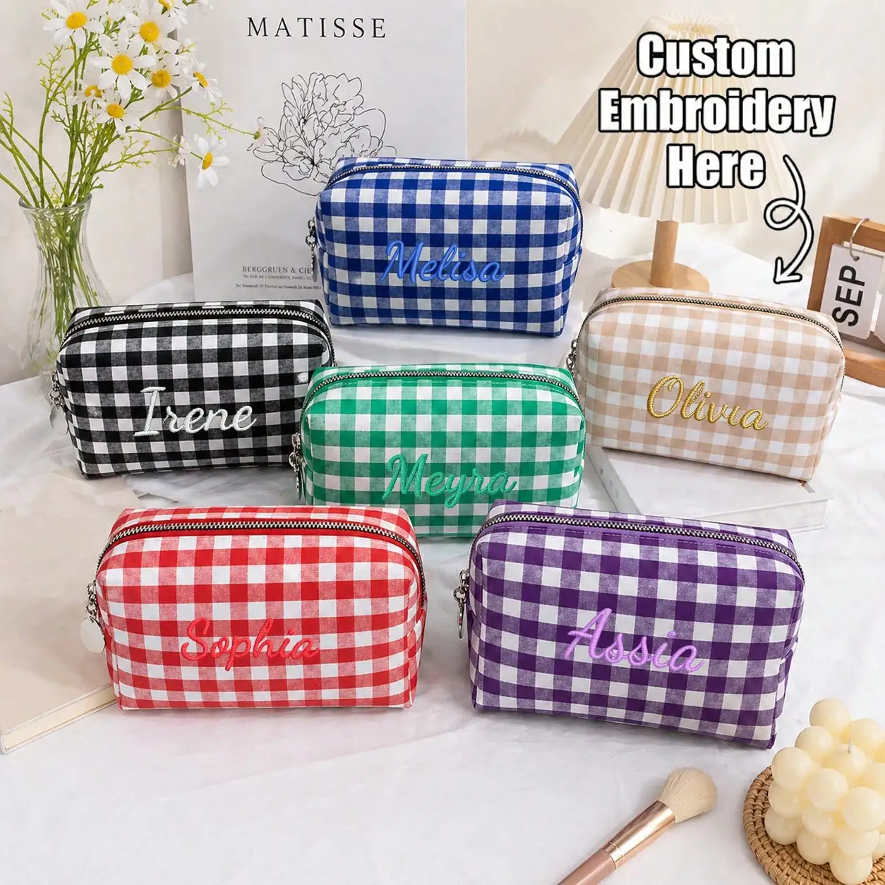 Custom Script Name Gingham Cosmetic Bag Plaid Rectangular Makeup Pouch Personalized Embroidery Travel Toiletry Organizer Case