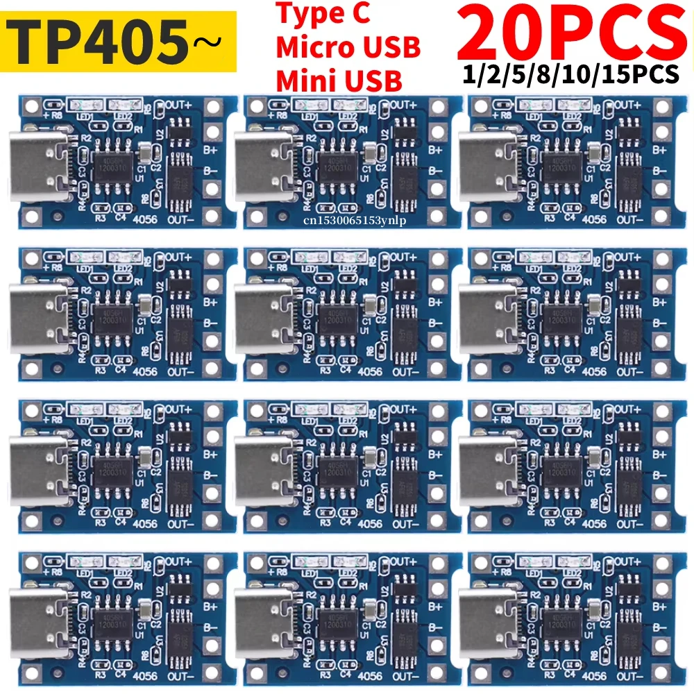 

1-20PCS Type-c/Micro/Mini USB 5V 1A 18650 TP405~ Lithium Battery Charger Module Charging Board With Protection Dual Functions 1A