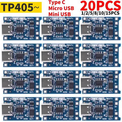 1-20PCS Type-c/Micro/Mini USB 5V 1A 18650 TP405~ Lithium Battery Charger Module Charging Board With Protection Dual Functions 1A