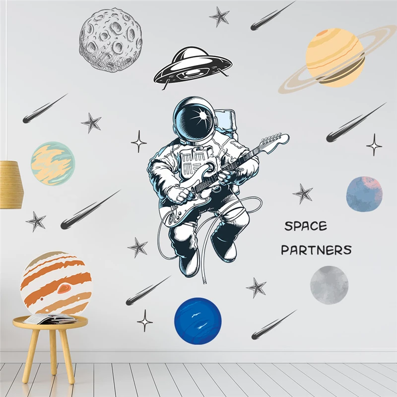 

Funny Spaceman Playing Guitar Wall Sticker For Kids Bedroom Home Decoration Diy Planet Star Mural Art Pvc Decals Cosmos Poster