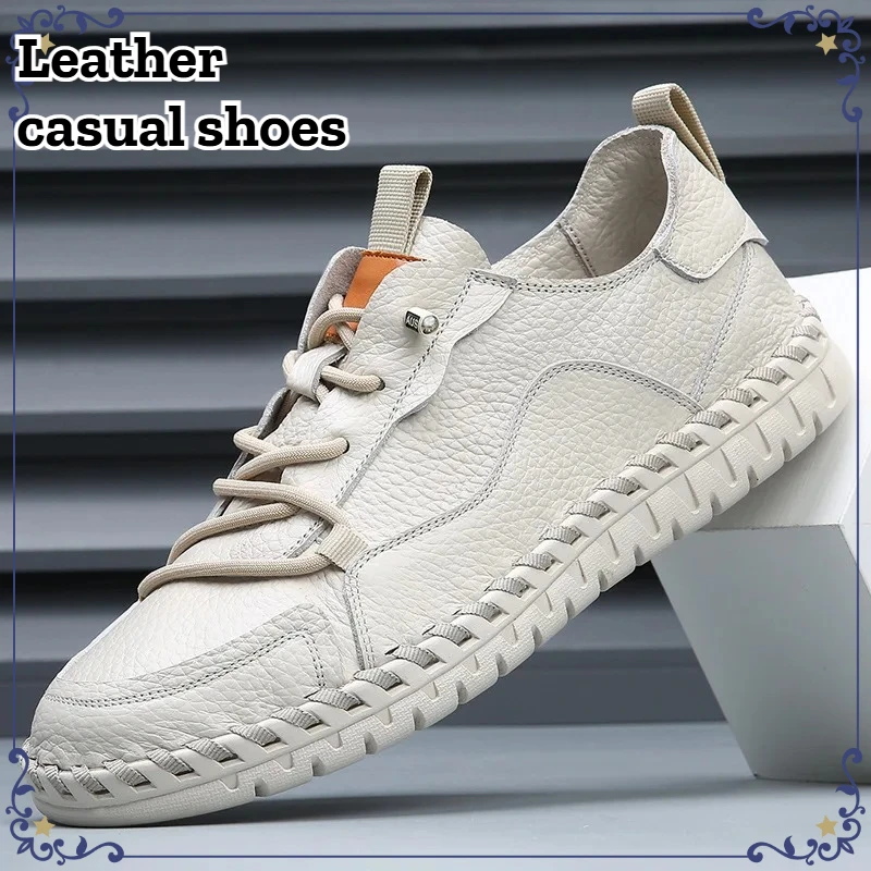 Trend Handmade Men's Genuine Leather Shoes Casual Comfortable Hollowed Out Breathable Non-slip Outdoor Walking Footwear Sneakers