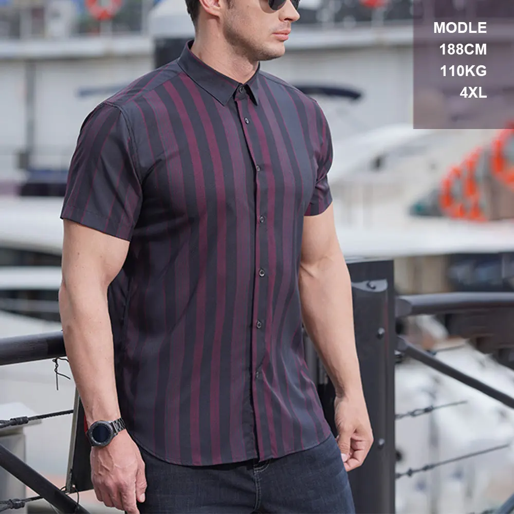 Men's Vertical Stripe Shirt Pattern Oversized 2024 Summer New Ice Silk Casual Loose Male Office Social Plus Size Shirt 100-160KG