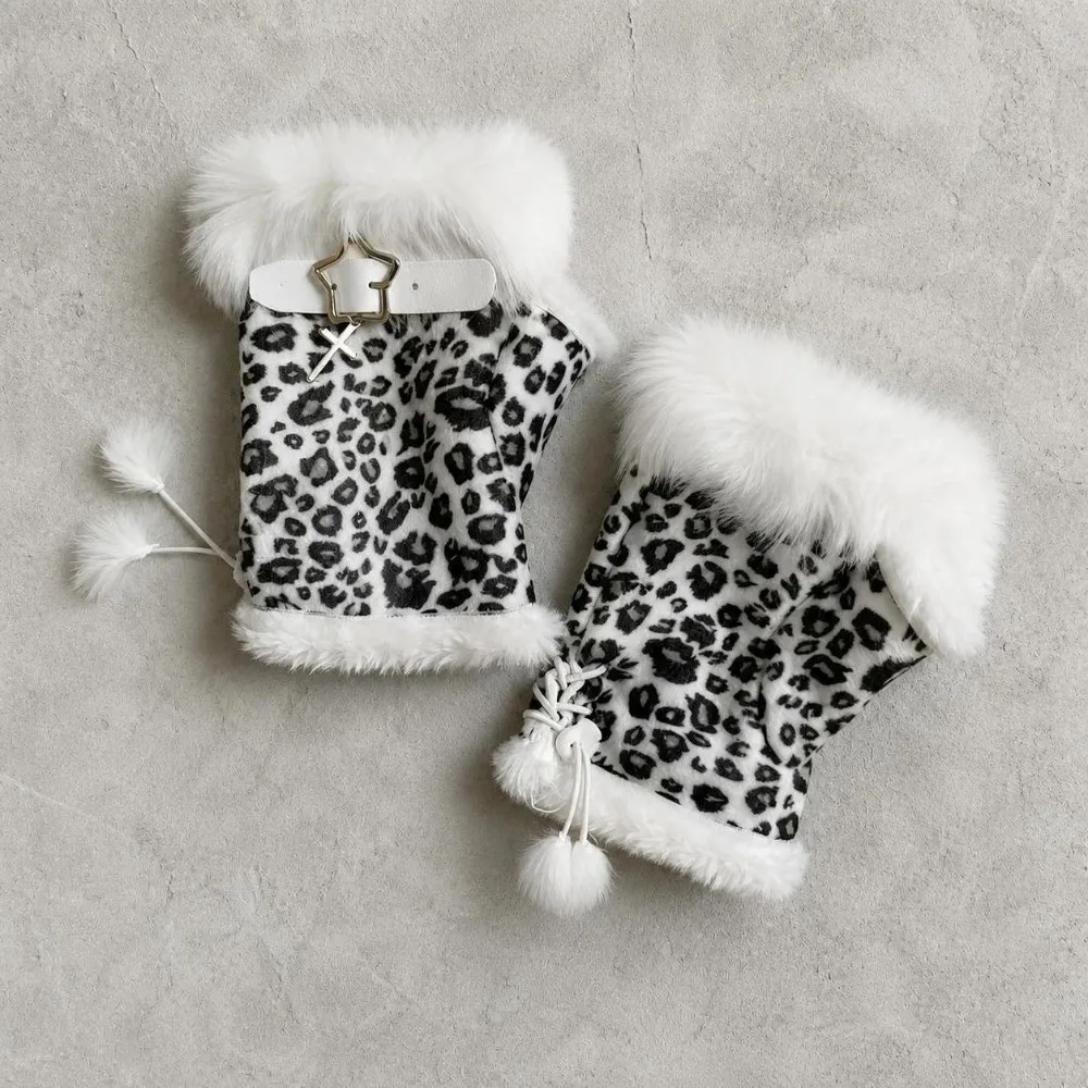 Faux Fur Lining Fingerless Gloves Leopard Print Suede Half Finger Gloves Windproof Winter Warm Y2K Mittens Christmas Gift