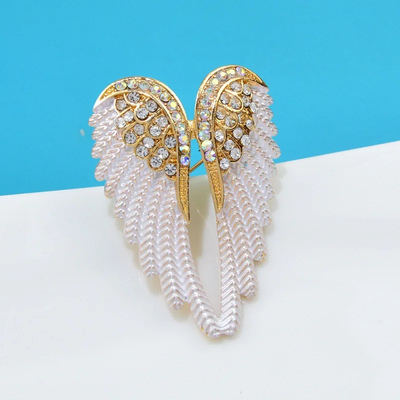 

GUARDIAN ANGEL HEART BROOCH White Enamel & AB Crystal Pin Dove Wings