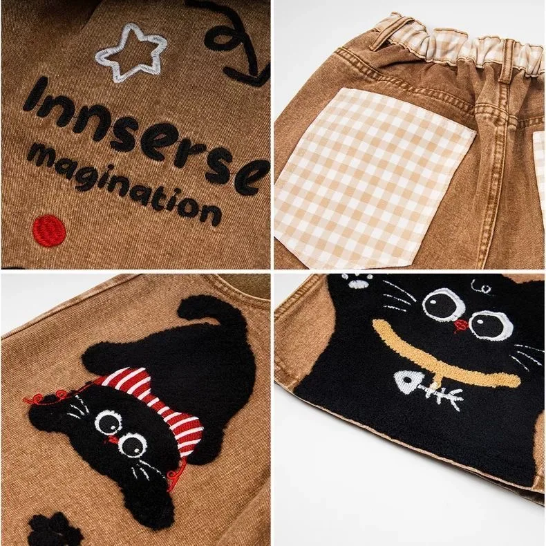 Olivegirl Cute Jeans American Retro Trousers Cute Plush Cat Straight Leg Jeans for Women 2026 Summer Loose Slim Mid Length Pants