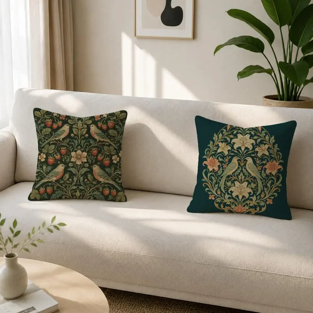 Pattern Bird Floral Botanical Green Linen Cushion Cover Soft Plus Fluffy Throw Pillow Cases for Sofa Bedroom Home Decor