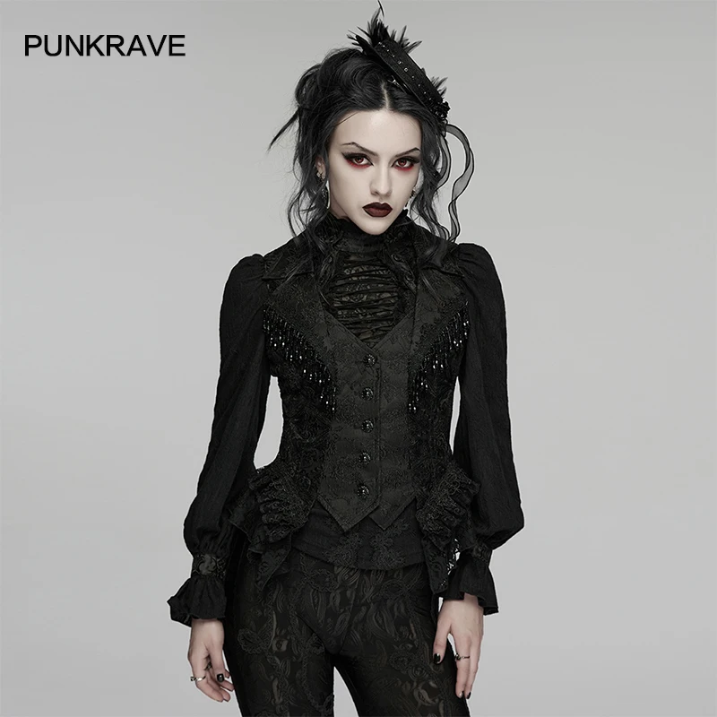 PUNK RAVE Women Gothic's Gorgeous Embroidered Twill Vest Tassel Bead Chains Ruffle Lace Hem Dark Punk Visual Kei Tops