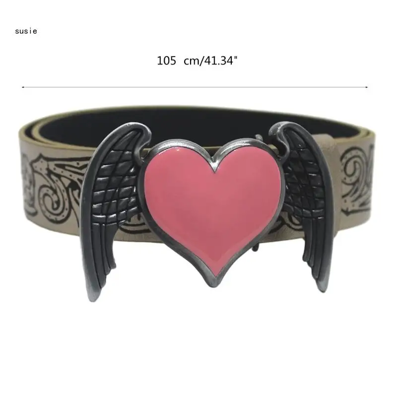 X7YA Waist Belt Engraved Buckle for Cowboy Cowgirl with Pink Heart Vintage Belt Hot Girl WaistChain Y2K Sexy Oversize Belt