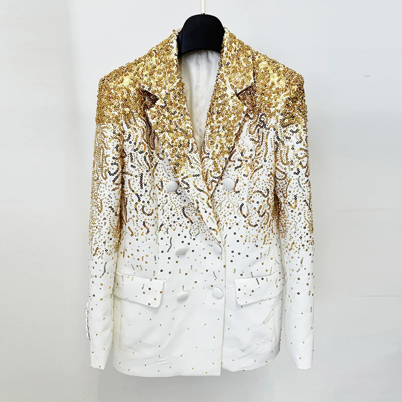 

Golden Sequins Women Suit 1 Piece Blazer Full Sleeves Autumn Fall Formal Buiness Office Lady Wedding Tuxedo Jacket Coat