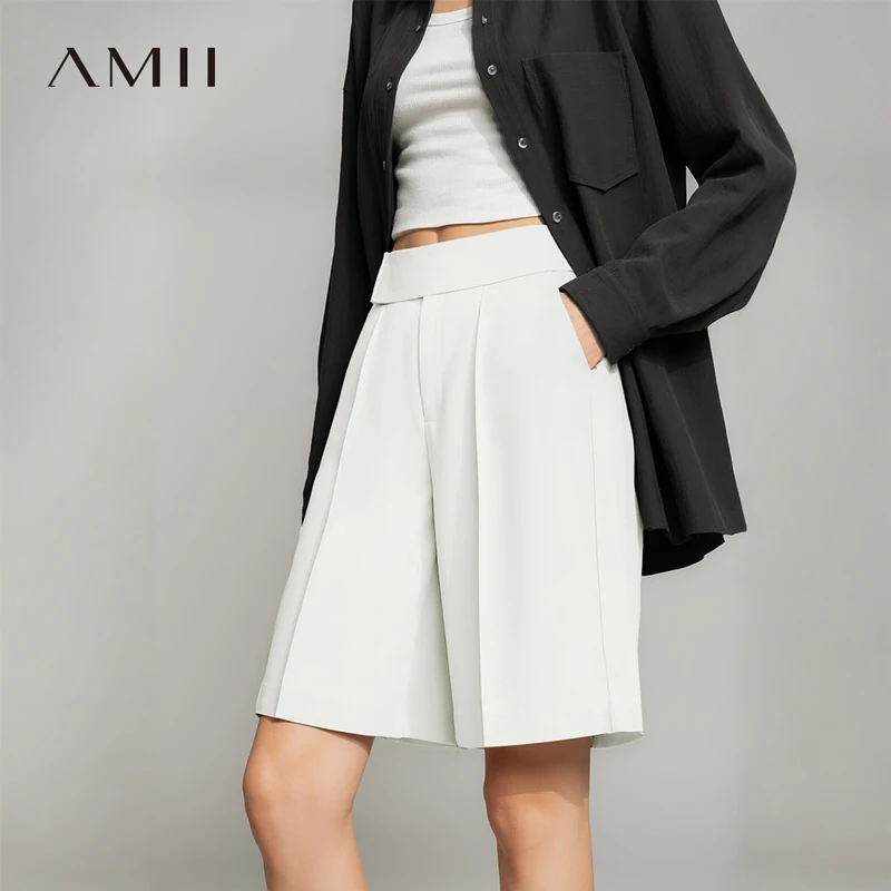 

Шорты Amii до колен, летние, 2026, новые, повседневные, однотонные, универсальные, плиссированные, белые, женские, 12622029