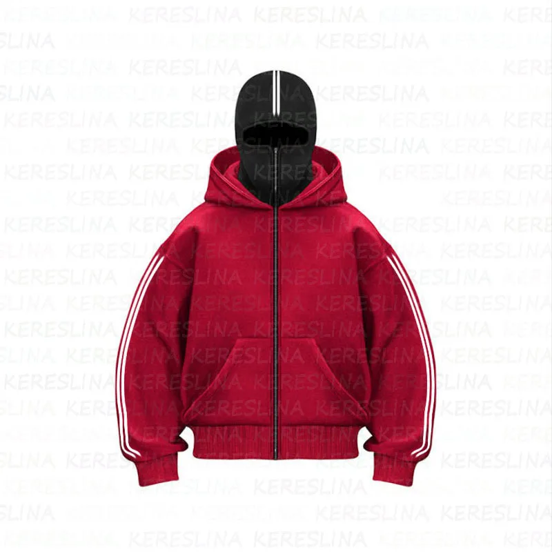 Tendência design duplo chapéu solto zíper hoodie personalizado na moda outono inverno cardigan gótico impresso listras casaco masculino feminino