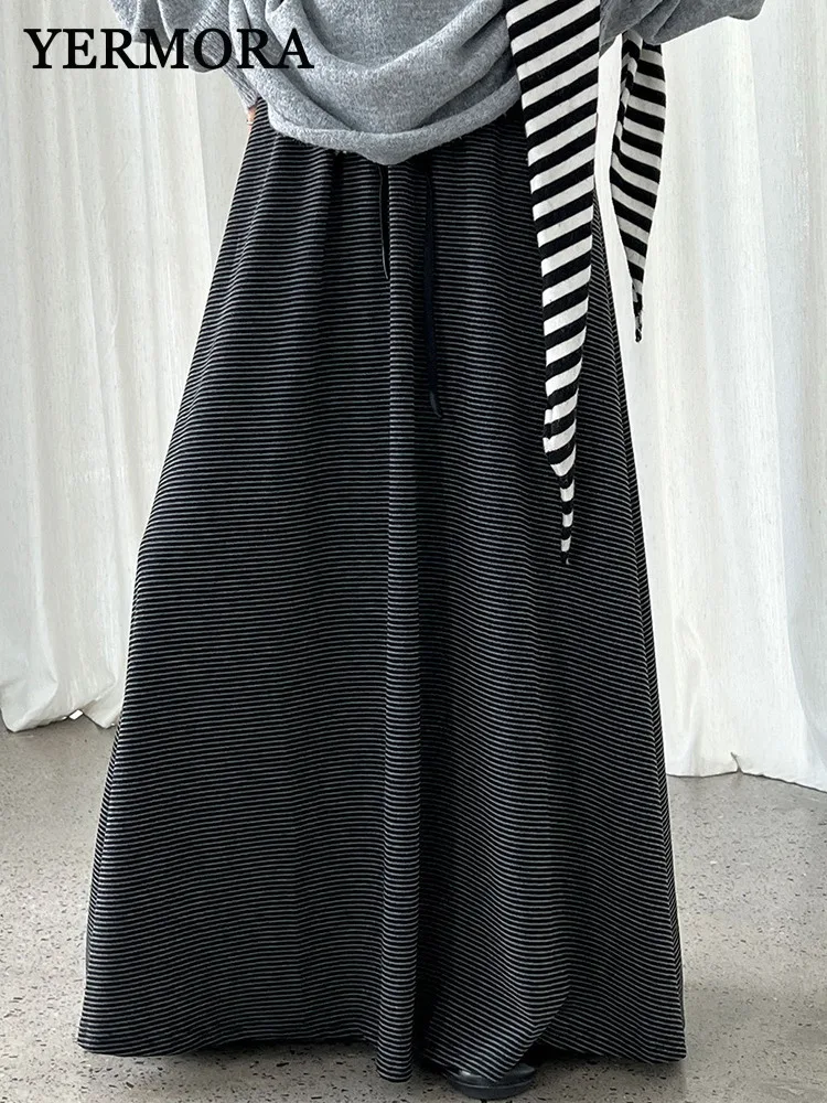 

YERMORA High Elastic Waist Gray Drape Striped Drawstring Half Body Skirt For Women Loose Fit Fashion Tide Spring Autumn 2025