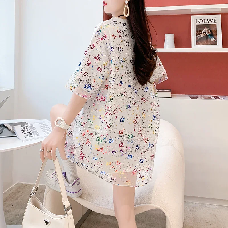 Summer New Fake Two Piece T-shirts Women Oversize Korean Style Loose Letter Printed Patchwork Mesh O-neck Dress T-shirt Female