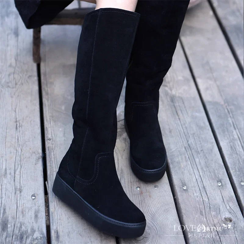 Artmu Genuine Leather Women Snow Boots Winter Warm Handmade Zippers Black Flat Platform Women Shoes Knee High Ladies Boots