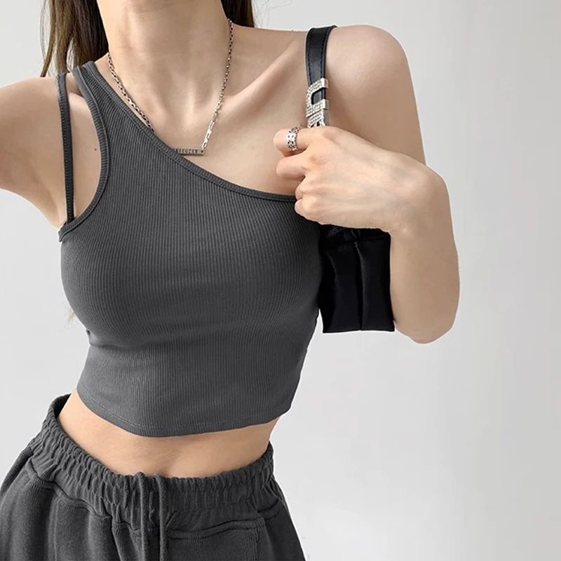 Single Shoulder Crop Tops Blusa Women Sleeveless Sexy Bandage T Shirt Top Fashion Black Lace Up Tank  knit Top