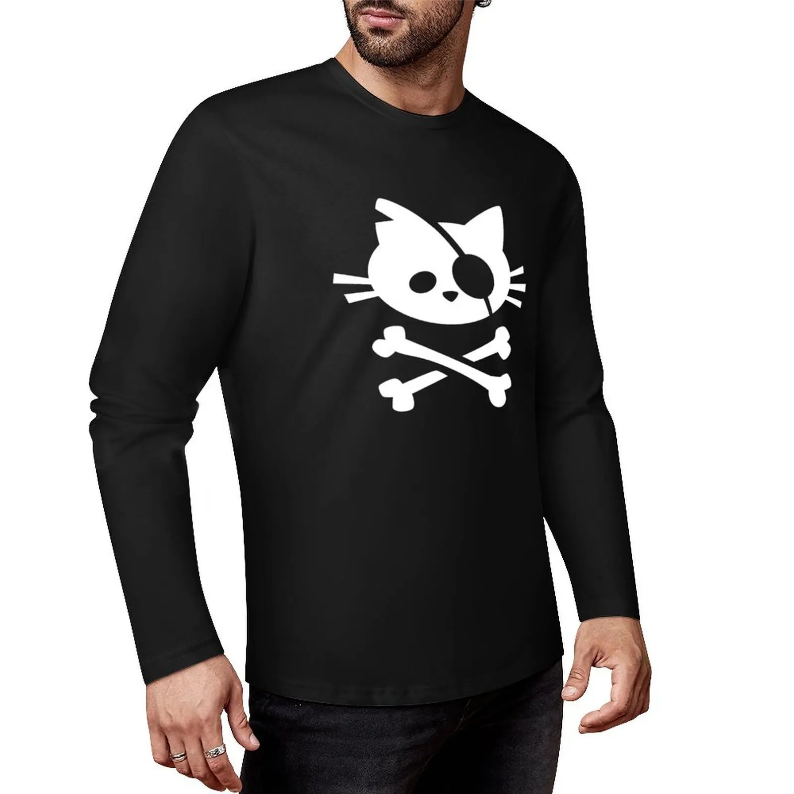 Cute Pirate Cat Skull and Crossbone Long T-Shirt graphic t shirts funny t shirt custom t shirt heavy weight shirts for men