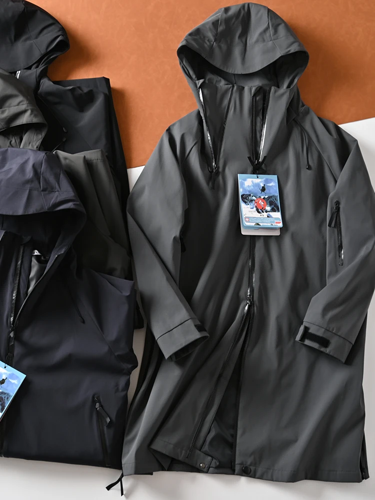 Men's Outdoor Casual Hooded Mid-Length Windbreaker Waterproof Jaet Youth Trend Spring Pure Color Zipper Loose Fit Coat