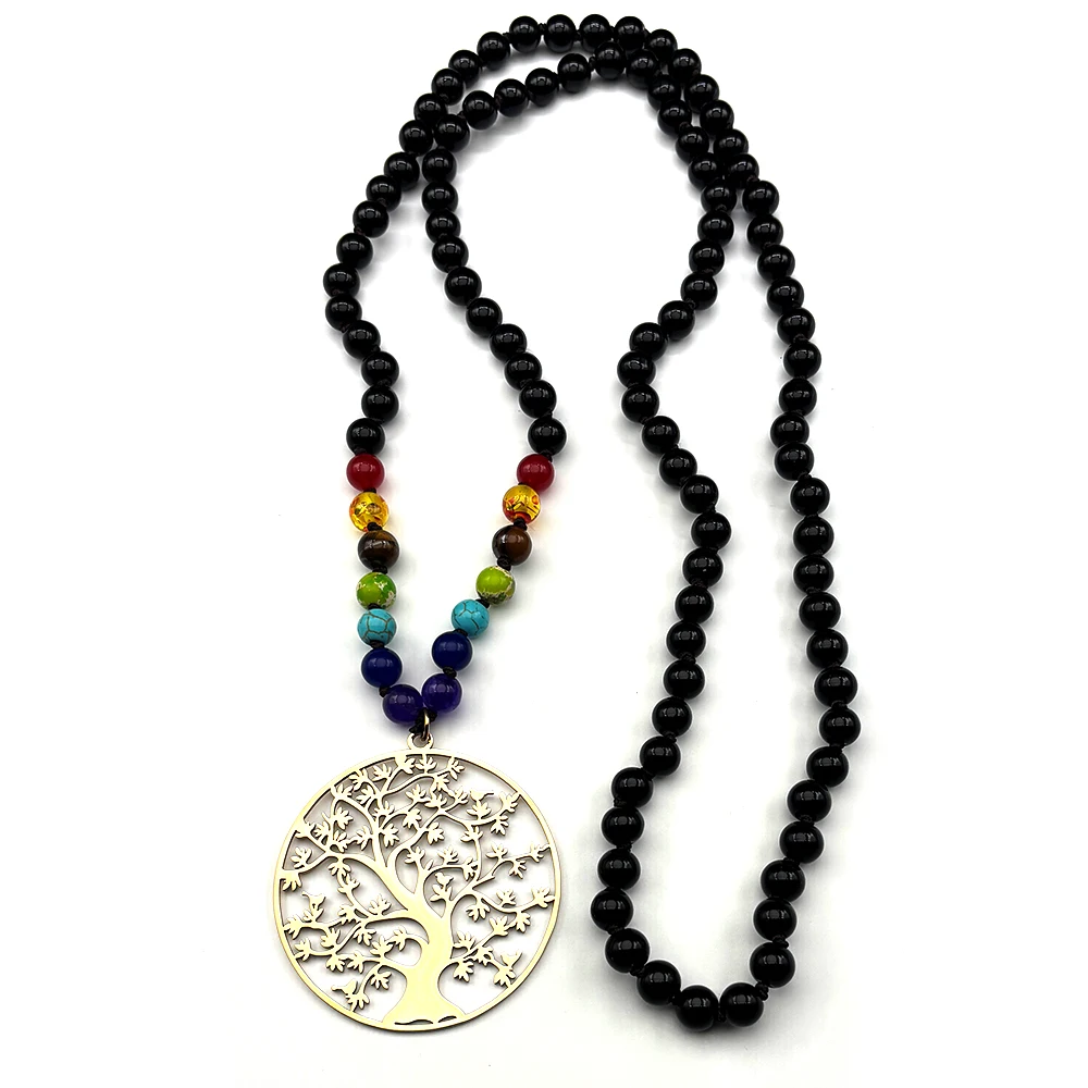 

Tree of Life 7 Chakra Pendant Stainless Steel 108 Glass Beads Chain Necklace for Women Men Gold Color Reiki Healing Jewelry Gift