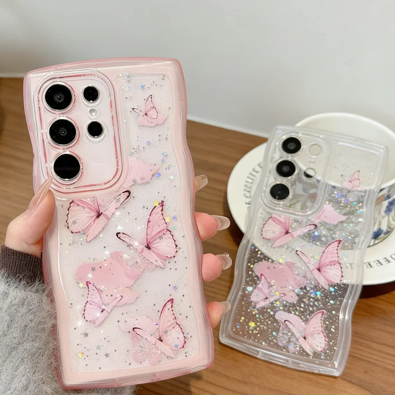 Luxury Paillette Drip Glue Glitter Butterfly Case For Samsung S26 S25 S24 S23 S22 Plus Ultra FE A15 A06 A16 A36 A56 A26 A35 A25