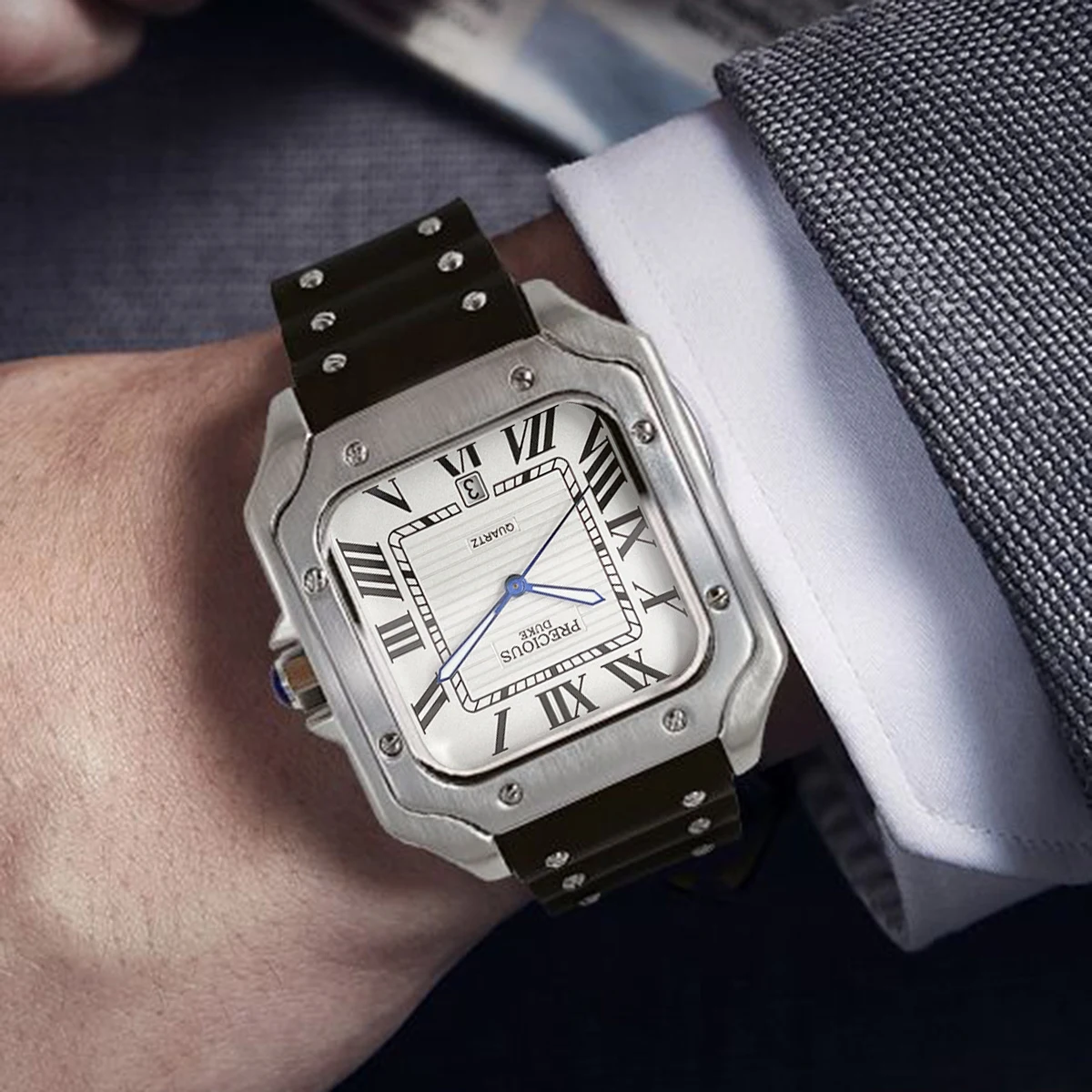 2025 Men's Luxury Square Quartz Watch Stainless Steel Rubber Band Roman Numeral Calendar Watch British Brand Watch