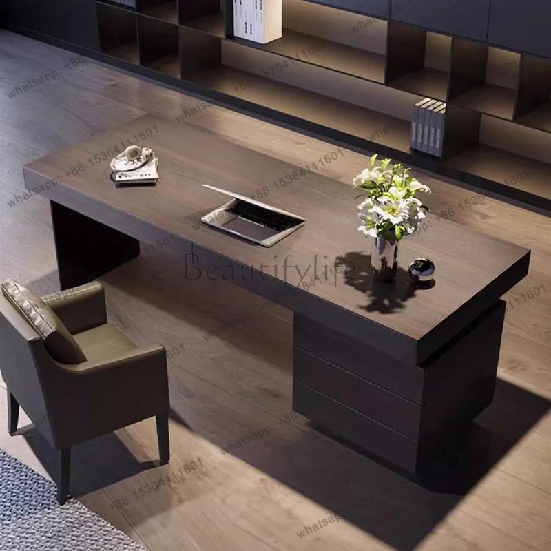 

Modern Wooden Desk with Drawer and Storage Cabinet Stainless Steel Legs, Writing Table for Home Office or Study Room