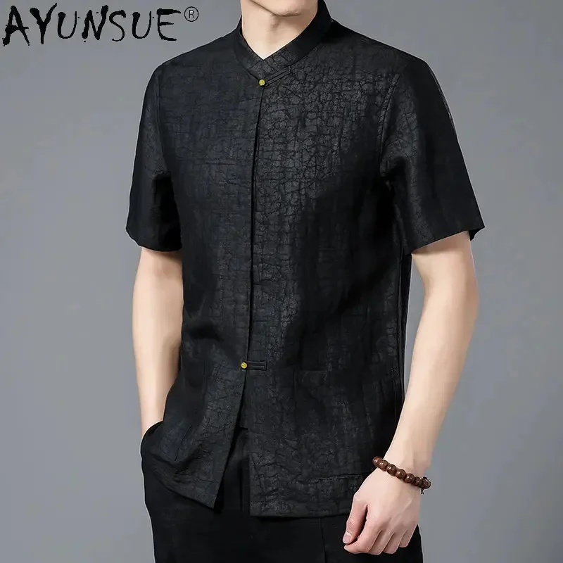 

Summer 100% Mulberry Silk Shirts for Men Short Sleeved Clothing Chinese Style Loose Casual Stand Collar Camisa