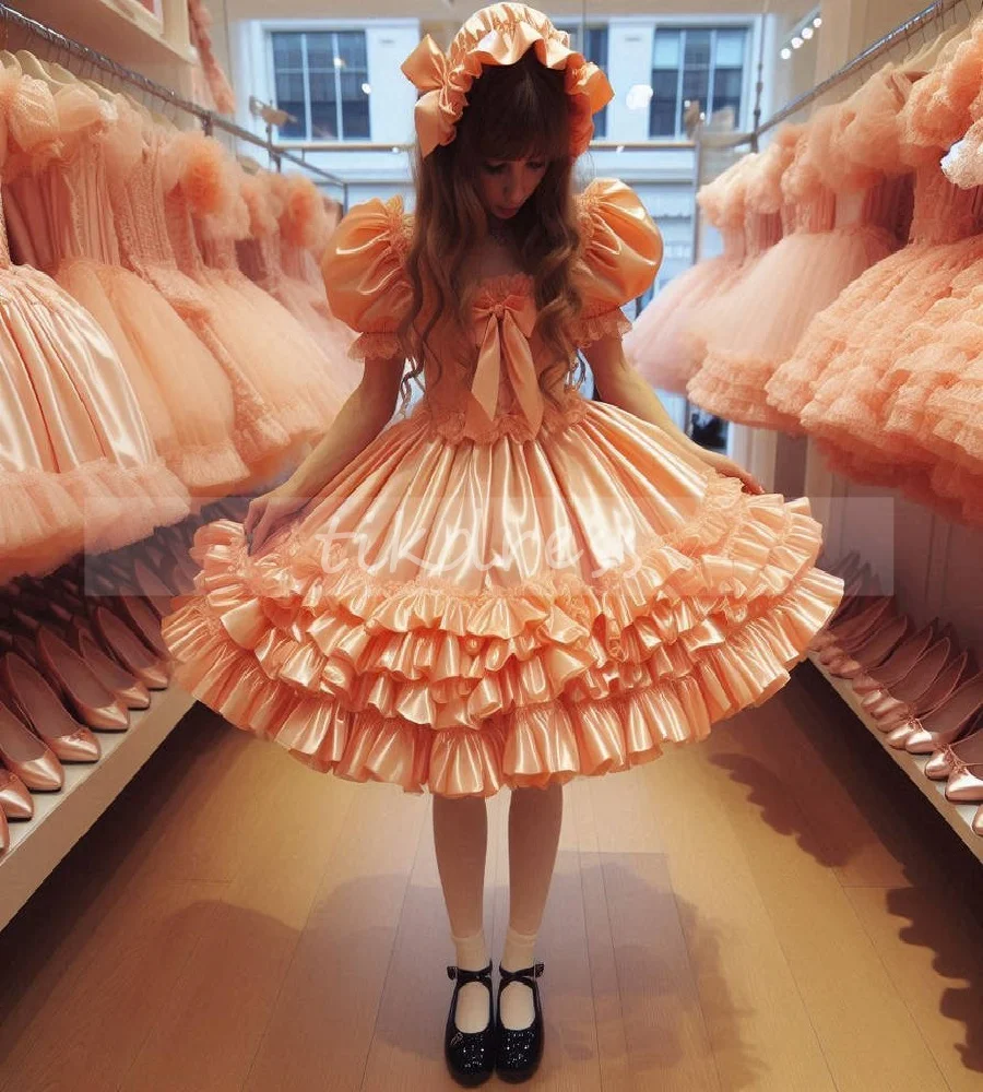 

Gorgeous Orange Lolita Dress Tiered Ruffles Short Maid Prom Dresses Short Sleeves Satin Civil War 1860s Evening Dress Customized