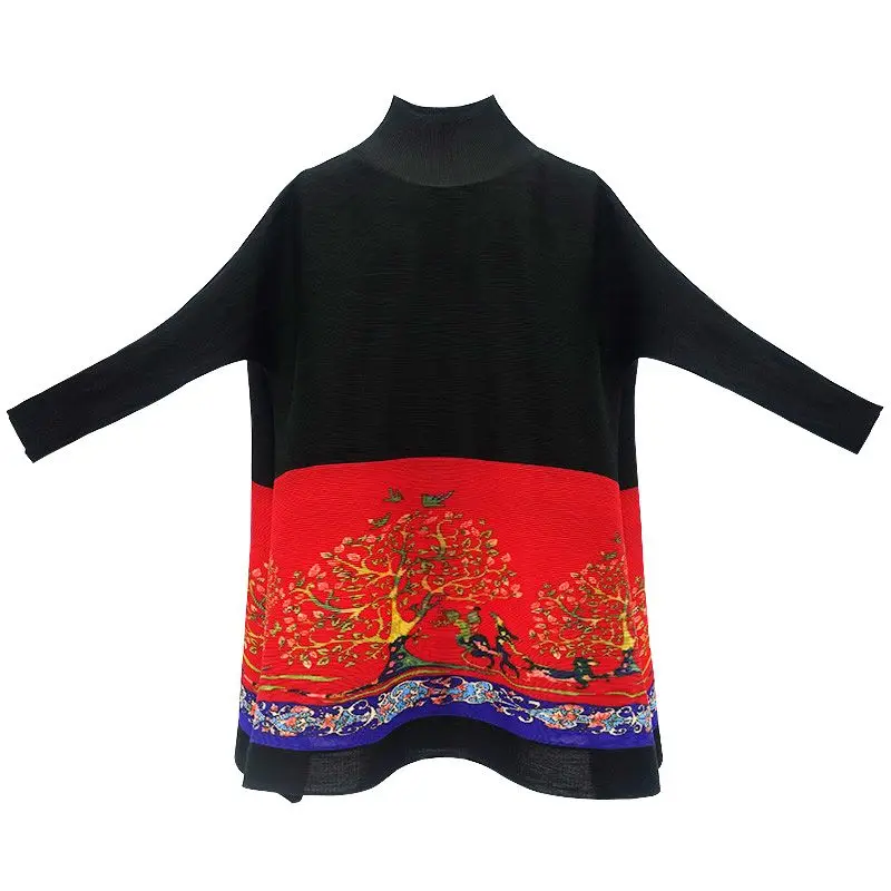 2025年春新作 カラーマッチングプリント 大きめサイズ プリーツTシャツ レディースファッション レトロ ゆったり ミディアム丈トップス