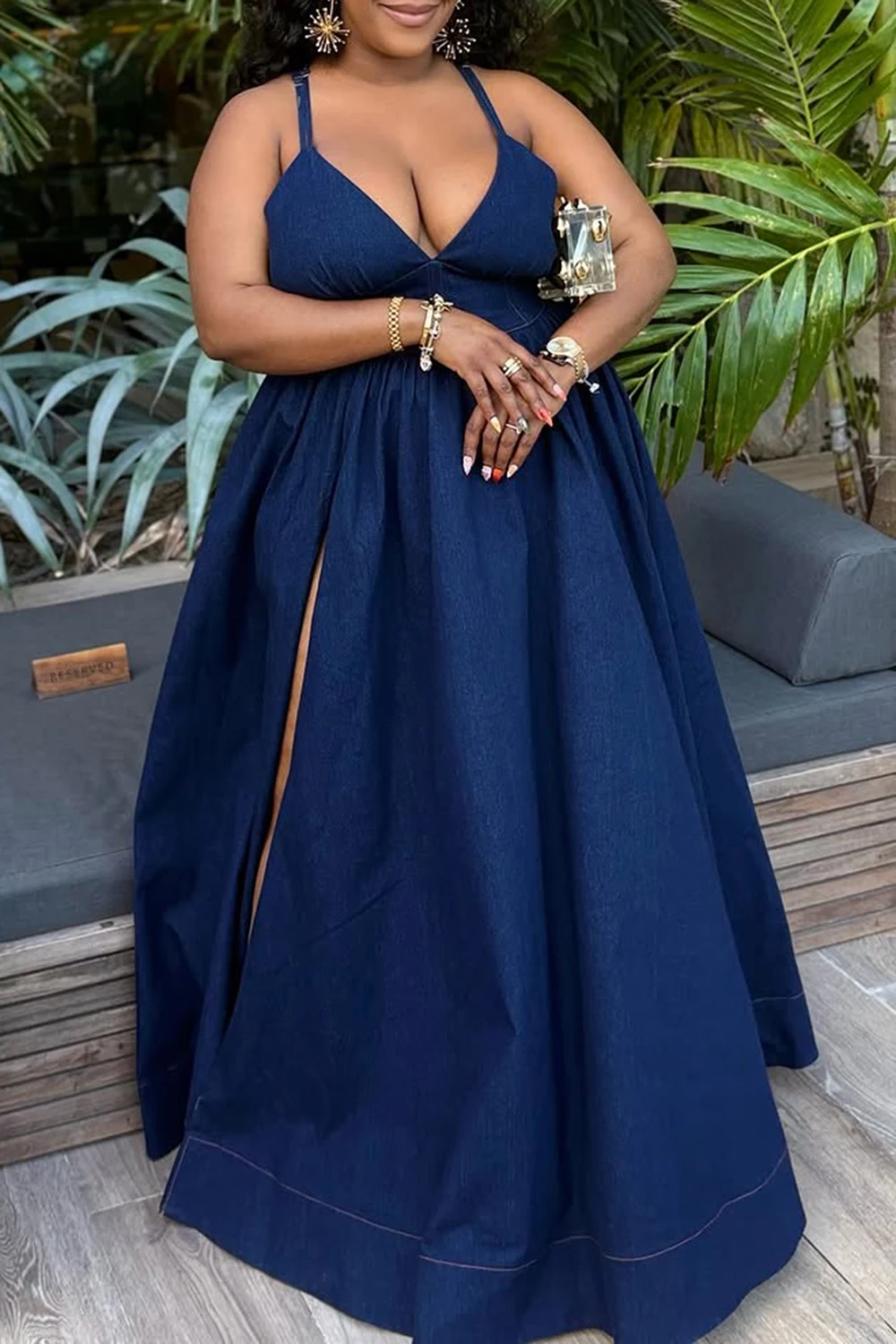 بالإضافة إلى حجم عطلة فستان الشمس الأزرق الخامس الرقبة سبليت عارية الذراعين ايوسل الدنيم فساتين ماكسي