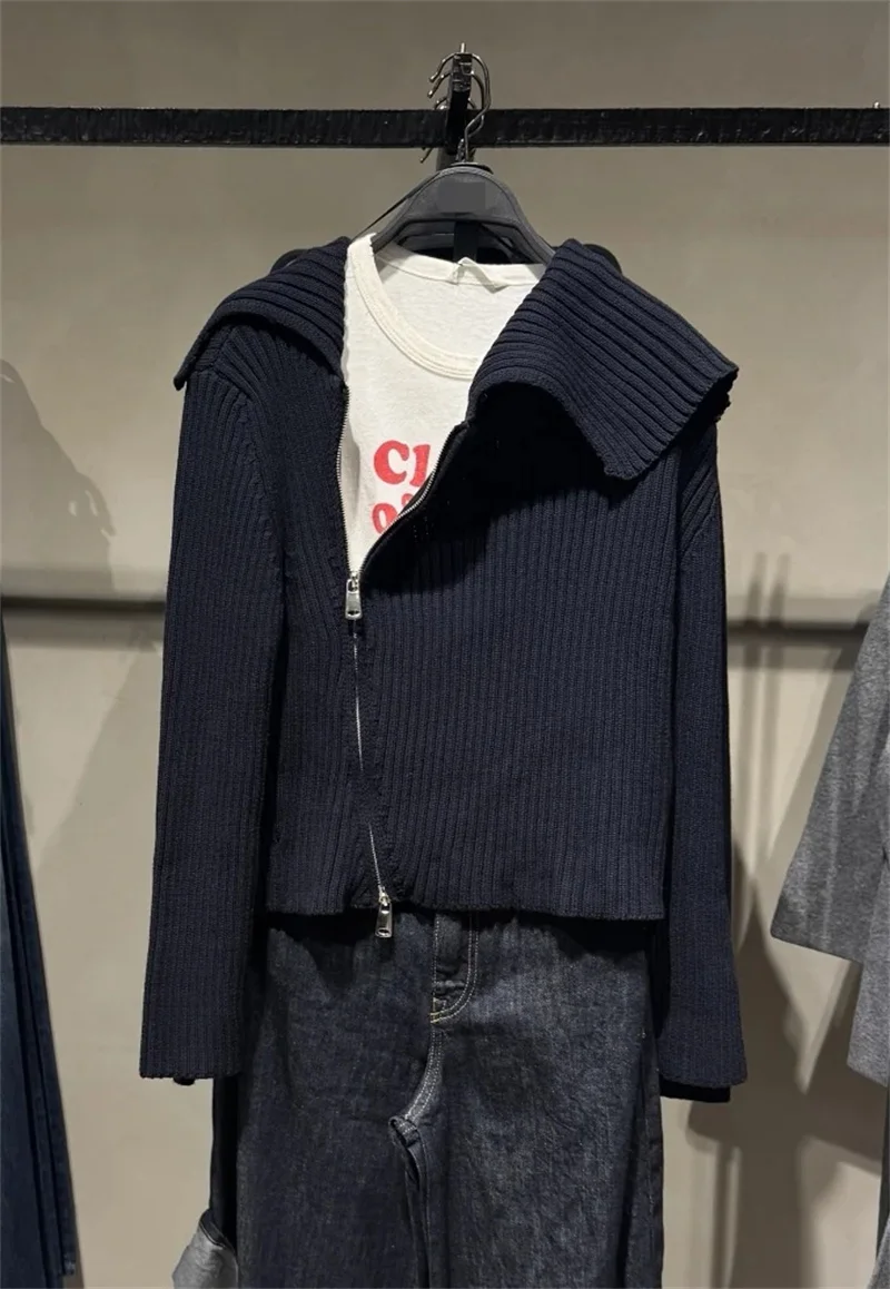 Damen-Strickjacke, Herbst 2022, neuer Stil, dunkelblau, langärmelig, asymmetrischer Reißverschluss, Strickjacke, Jacke, lässig, modisch, vielseitig